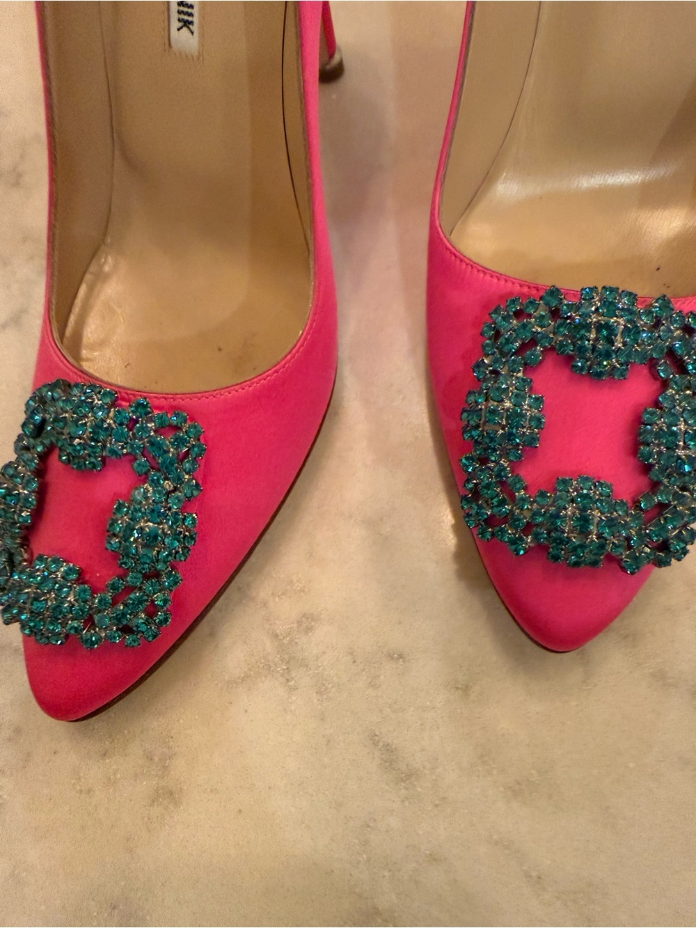 Manolo Blahnik Pink Satin Hangisi Blue Crystal-Embellished Pump - Picture 3 of 10